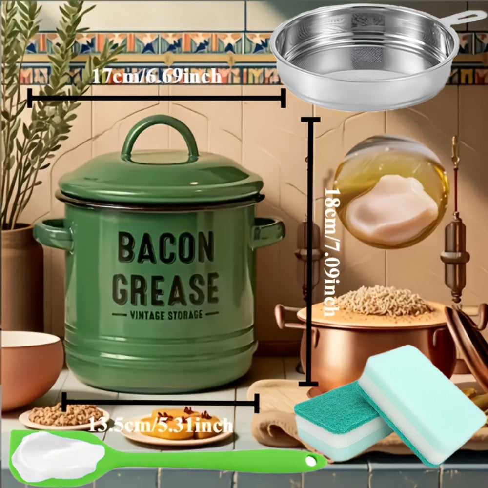 Bacon Grease Container with Lid, Large Capacity Grease Storage Can with Heat-Resistant Filter, Silicone Spatula & Cleaning Sponge Set, Flip-Top Oil Holder for Kitchen Household Use