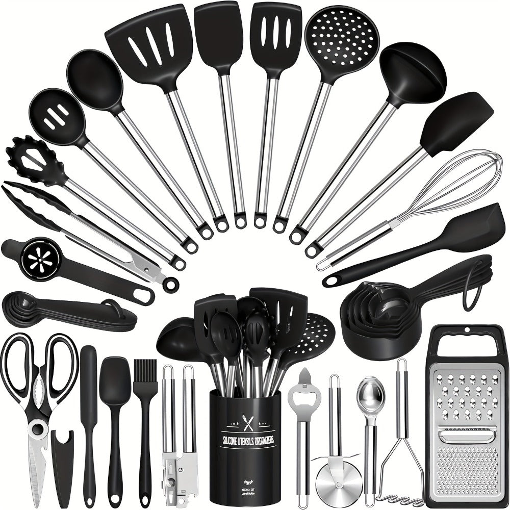 Silicone Cooking Utensils Set 34 Piece with Stainless Steel Handle, Heat Resistant Kitchen Gadgets Tools for Nonstick Cookware, Spatulas Spoons Tongs Whisk Complete Kitchen Accessories Gift Set