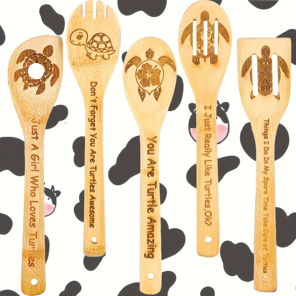 Wooden Cooking Spoons Utensils Set 5 Pcs ¨C Carved Animal Bamboo Kitchen Gadgets Non-Stick Spatula Kit, Turtle Design Farmhouse Decor, Housewarming Christmas Gift for Cooking Enthusiasts