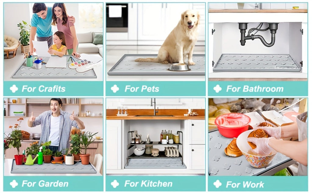 Under Sink Mat Waterproof Silicone 34¡± x 22¡± Undersink Drip Tray Liner for Kitchen Bathroom Cabinet, Holds 2 Gallons, Non-Toxic Durable Cabinet Protector with Raised Edges Four-Leaf Clover Pattern