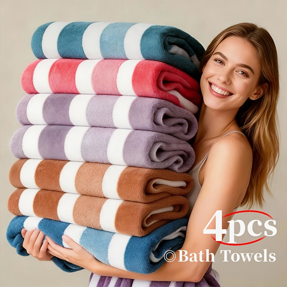 Microfiber Bath Towel Set No Hair Loss - Ultra Soft Highly Absorbent Quick Dry Two-Color Striped | 1 or 4 Pack | 27x55in | Slate Gray Berry Red Pine Green Multi | Beach Spa Gym Home Bathroom