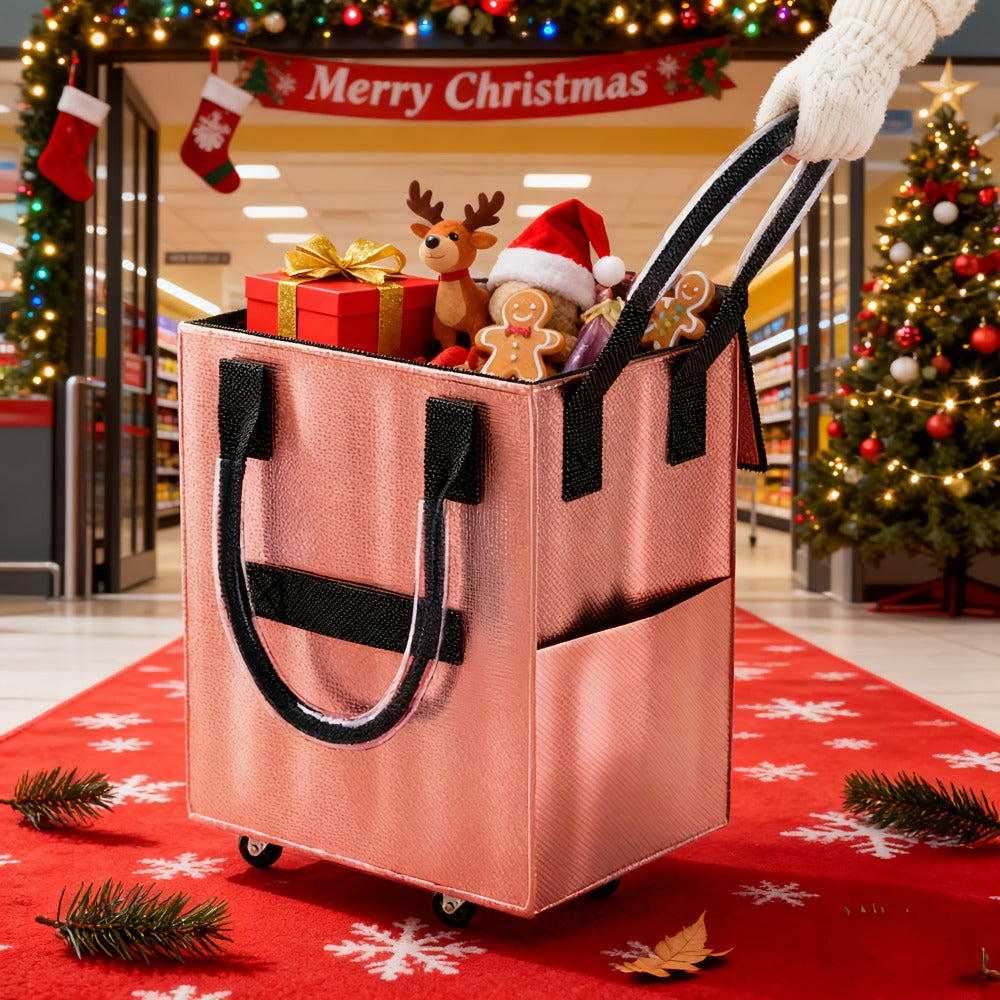 Rolling Grocery Bag with Wheels 60L Extra Large | 16 Gallon Heavy Duty Foldable Shopping Cart Waterproof | Multi-Function Travel Tote Utility Bag in Black Rose Gold