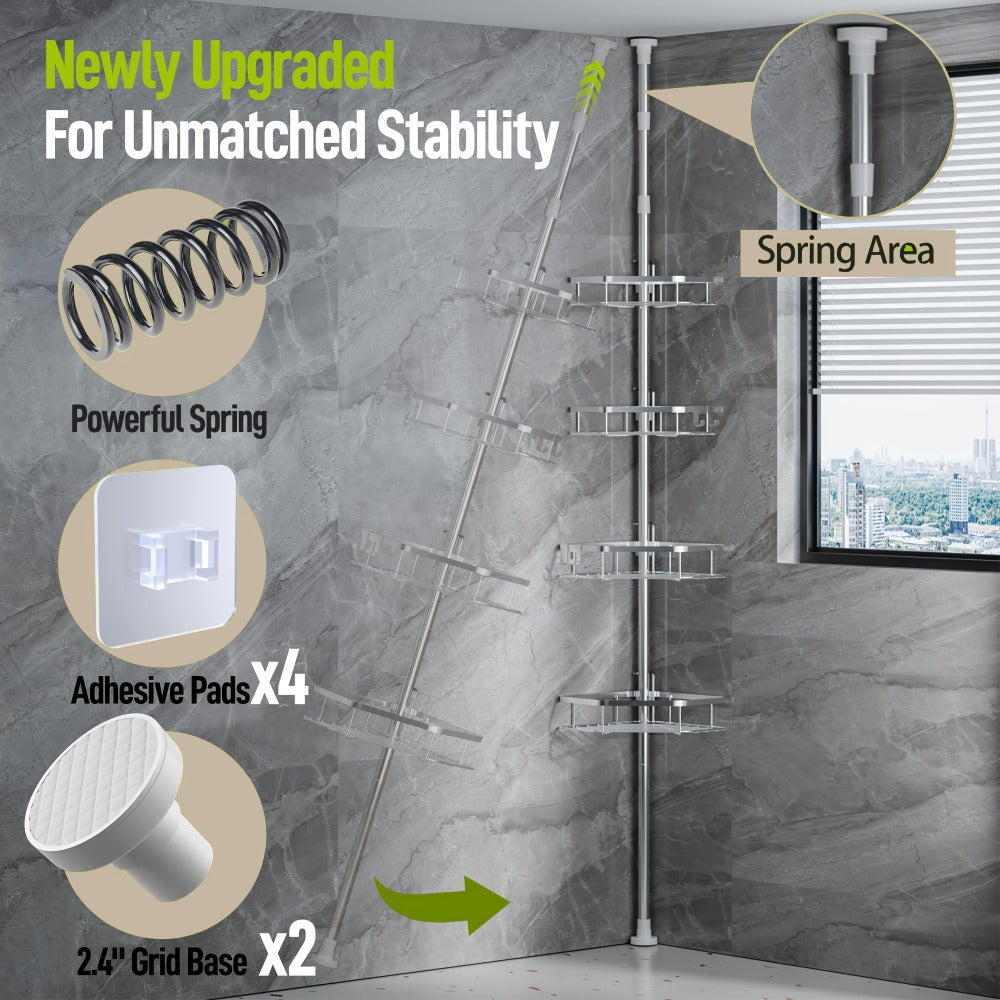Corner Shower Caddy Tension Pole No Drilling Shower Organizer Shelf with Hooks for Bathroom Bathtub Shampoo Soap Storage Adjustable Height Rustproof