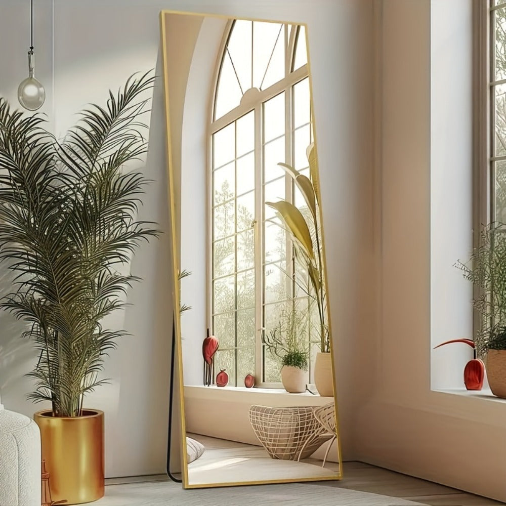 Full Length Mirror Floor Standing with LED Light - Arched & Rect Aluminum Frame Dressing Mirror for Bedroom Living Room, Black/Golden/White