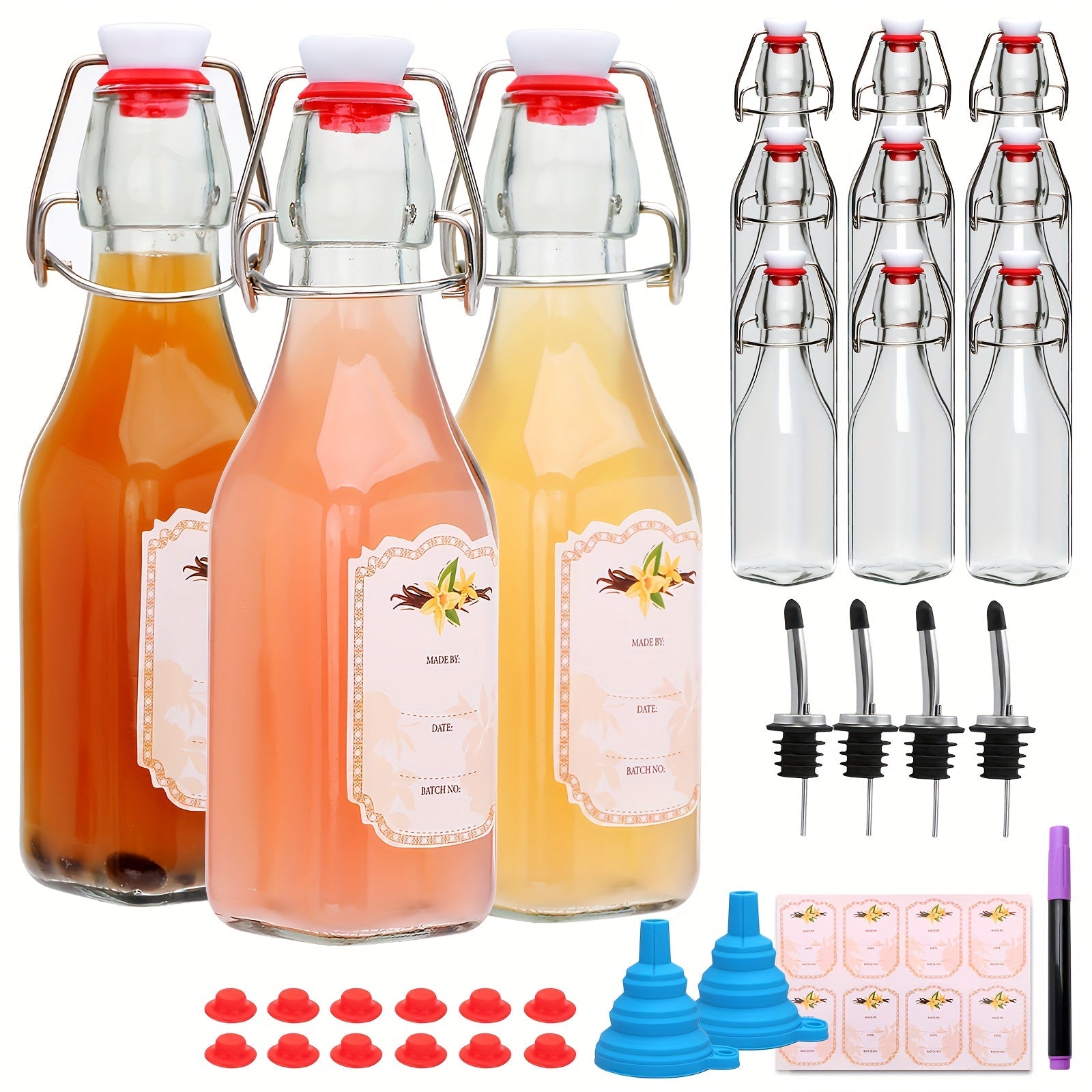 Glass Bottles with Airtight Lids 8oz - 6 9 12 Pack Clear Kitchen Storage Bottles for Kombucha Home Brewing Vanilla Extract Vinegar Homemade Juice Water Soda | Meal Prep Pantry Organization