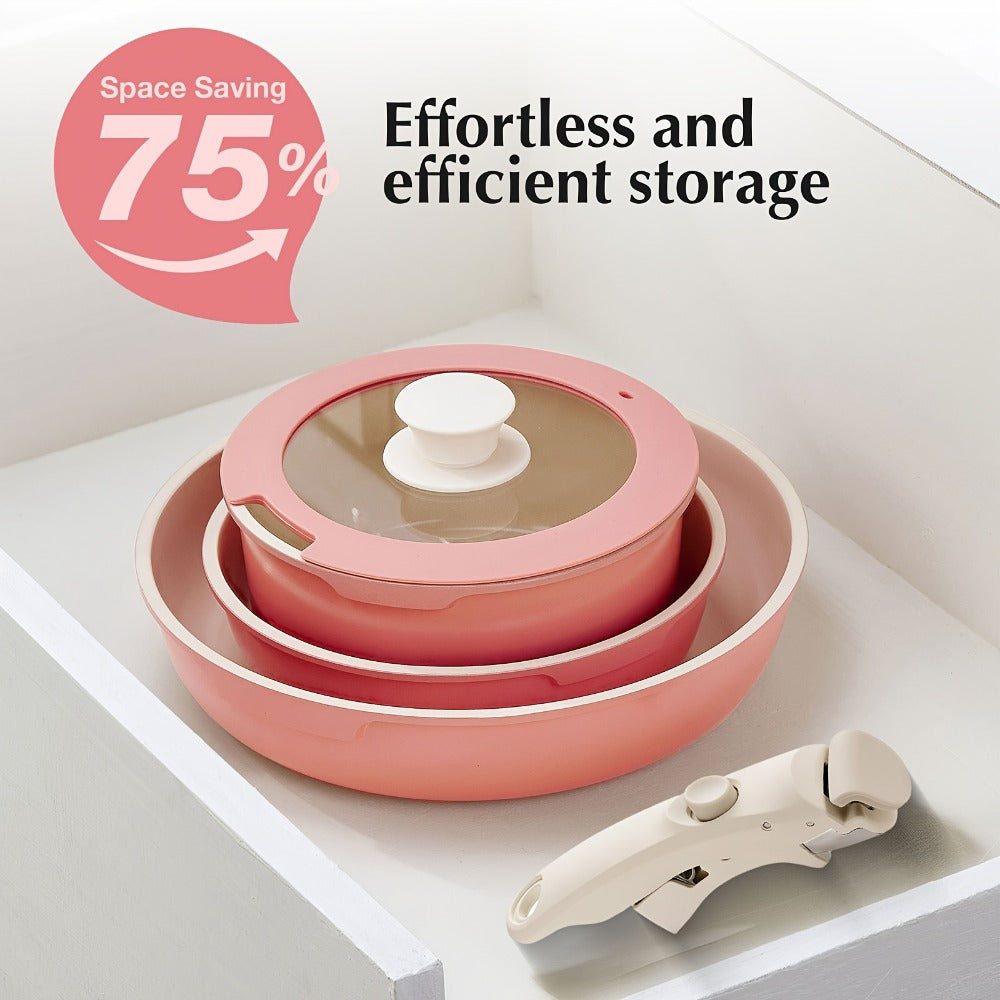 Nonstick Cookware Set 5-Piece Detachable Handle Aluminum Pots and Pans ¨C Space-Saving Stackable Induction Compatible | 8 & 10 Inch Frying Pan Soup Pot Universal Lid | White Pink Beige Coral Pink