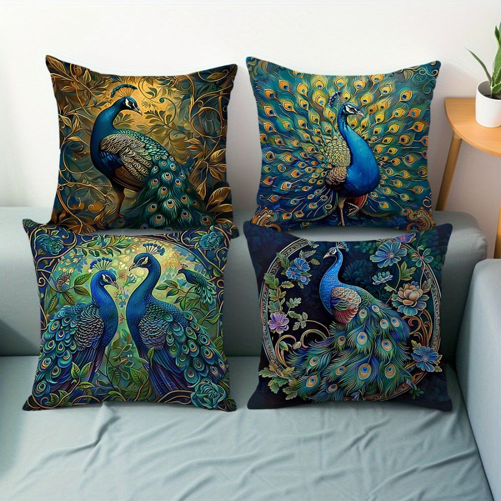 Cushion Covers 18x18 Set of 4 Vintage Peacock Oil Painting Boho Plush Throw Pillow Cases with Zipper Machine Washable for Living Room Bedroom Home Decor