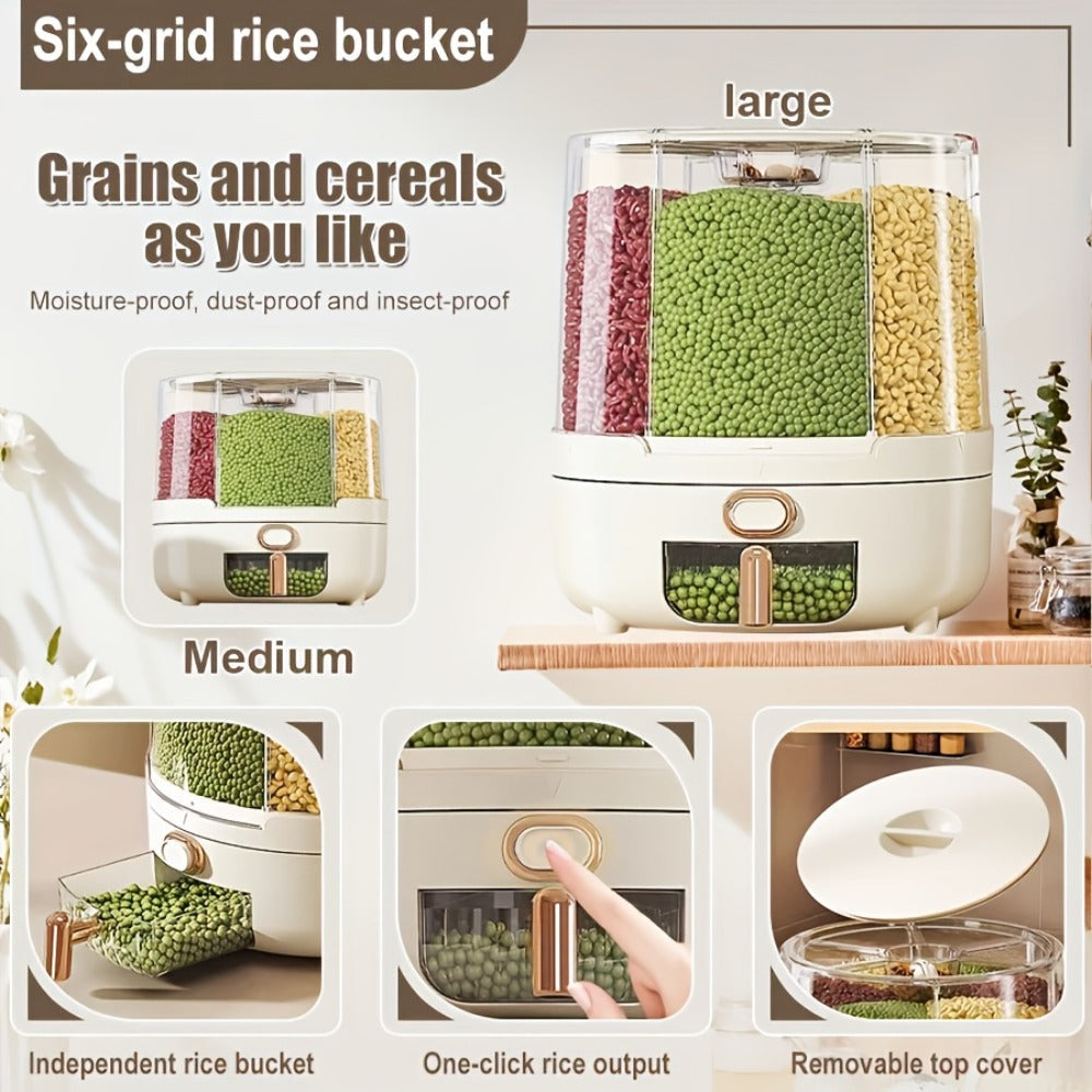 Rice Dispenser 360 Rotating 6 Compartment Grain Storage Container - Airtight Moisture Proof with Transparent Window, Food Grade PP, Large Capacity for Rice Cereal Flour and Pet Food, Medium 13lb or Large 22lb