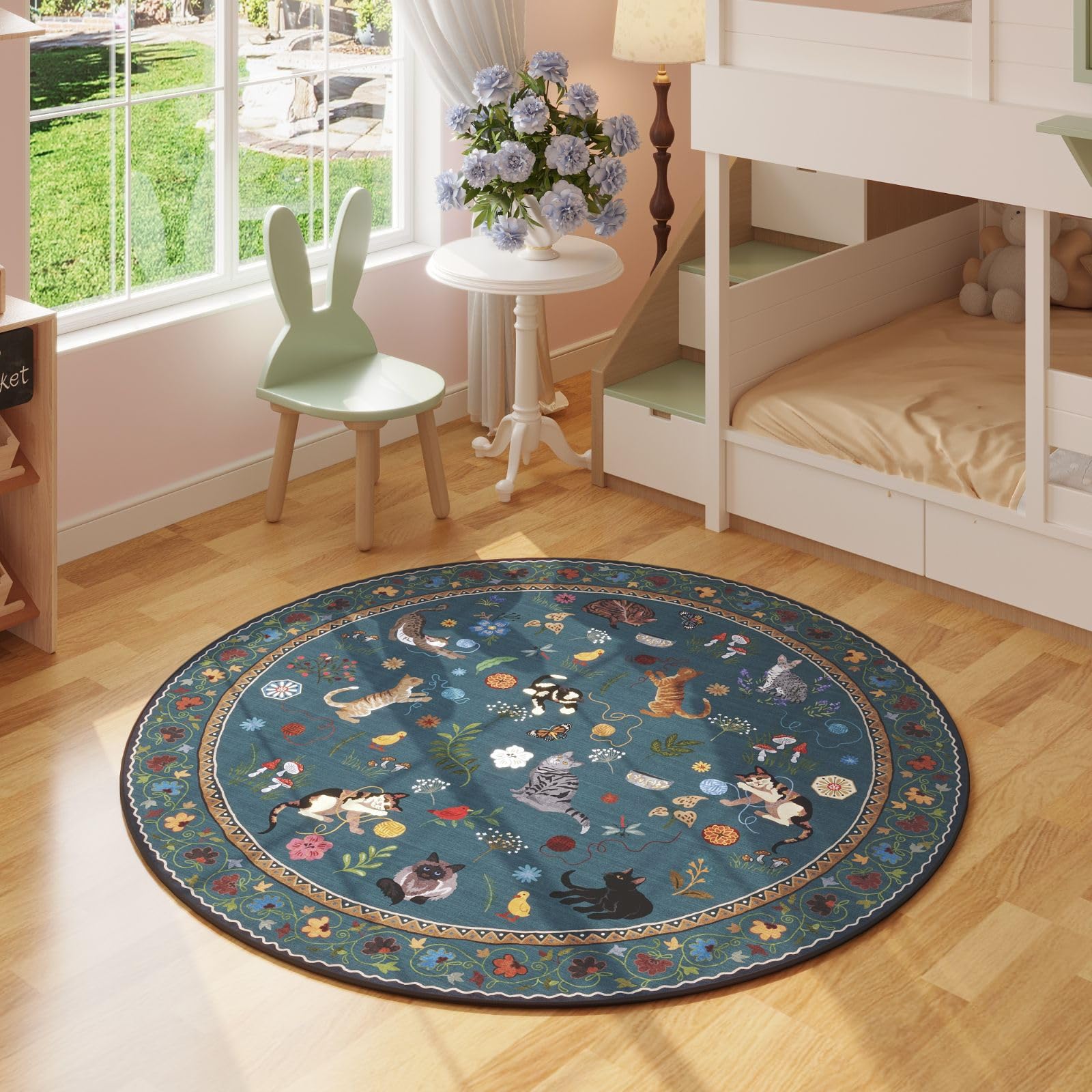 Boho Cat Floral Area Rug ¨C Vintage Blue Animal Print Low Pile Carpet, Non-Slip Soft Rug for Living Room, Bedroom & Dining Room, Round & Runner Sizes, Easy Clean