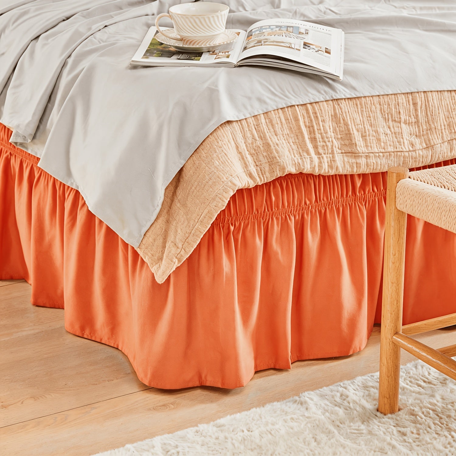 Bed Skirt with Adjustable Elastic Belt - Ruffle Microfiber Dust Ruffle 15 Inch Drop, Hotel Quality, Fade Resistant, Machine Washable, Easy Wrap Fit
