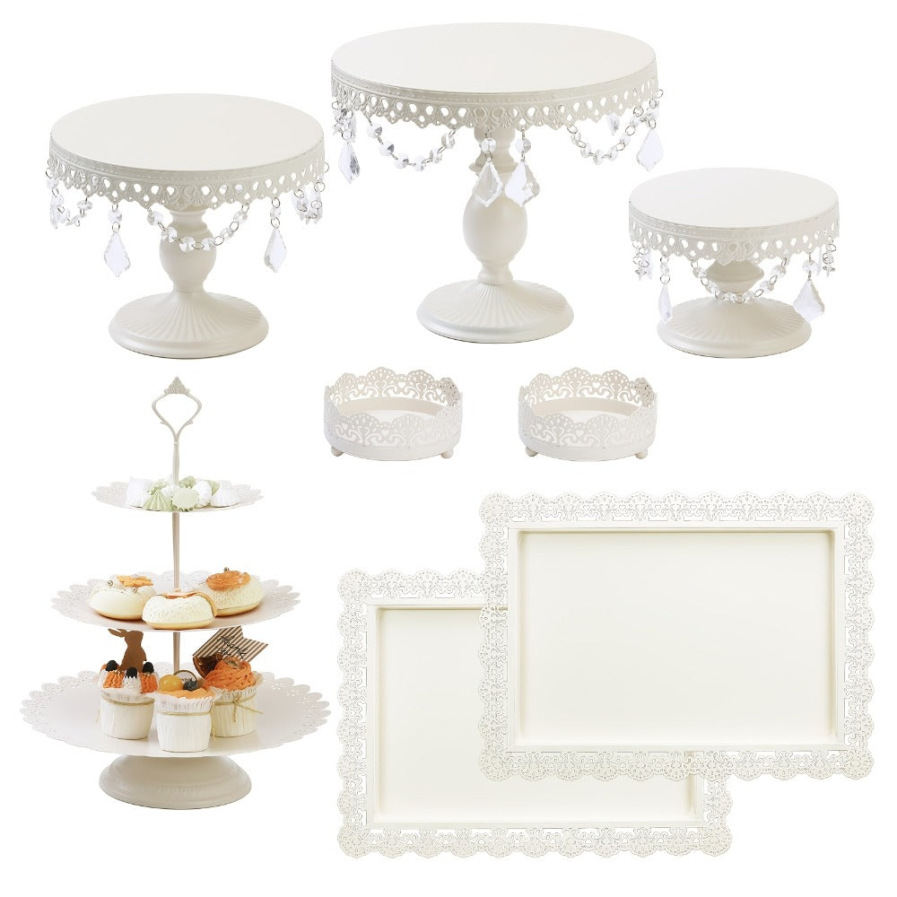 Cake Stand Set of 8 with Crystal Pendants 3-Tier Cupcake Tower Metal Dessert Display for Wedding Birthday Baby Shower Party Decor