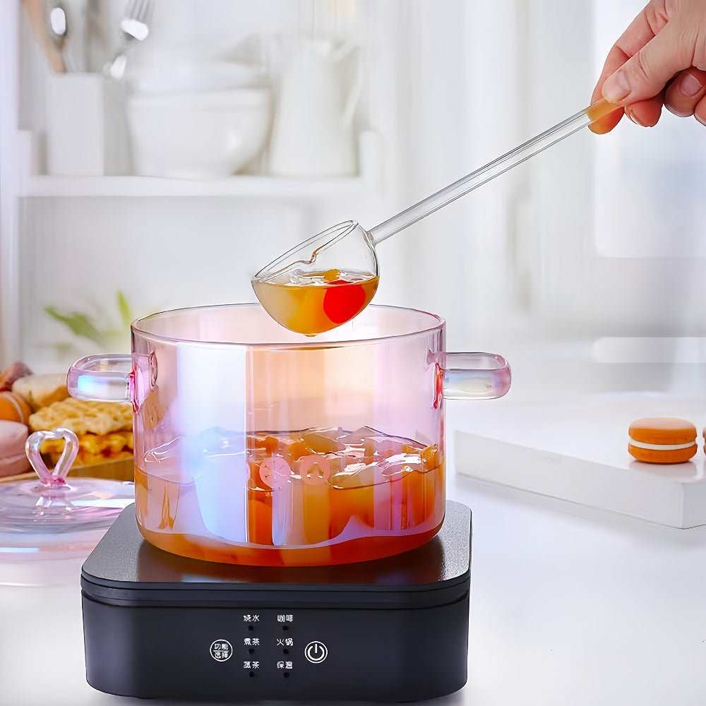 Pink Glass Cooking Pot with Heart-Shaped Lid 1500ml - Multifunctional Boiling Stewing Pot for Pasta Soup Congee Noodles Compatible with Electric Ceramic Stove (Pink)