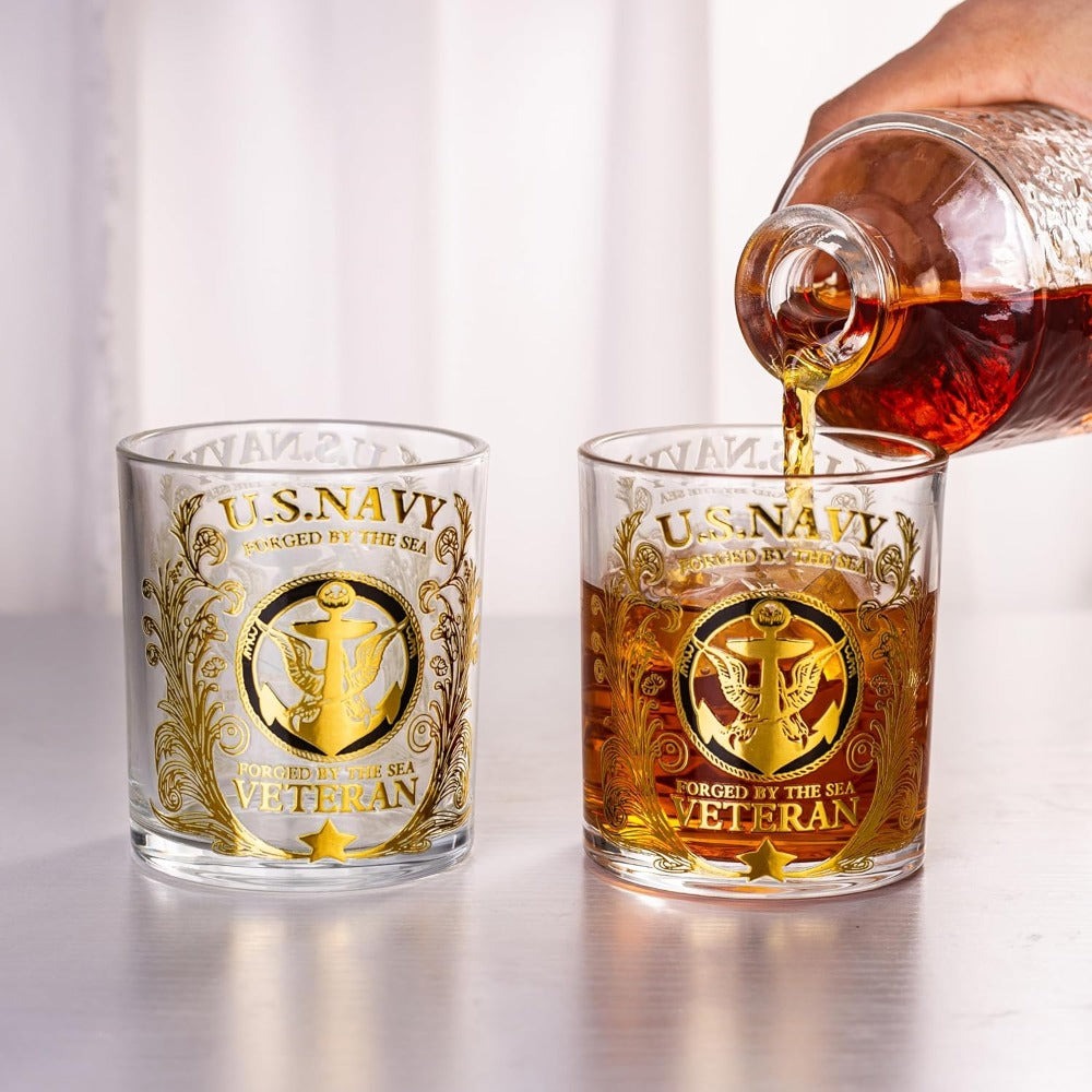 Engraved Veteran Tribute Whiskey Glass 10oz - US Navy Military Gift, Personalized Patriotic Whiskey Glasses for Dad, Military Vet Anniversary Gift