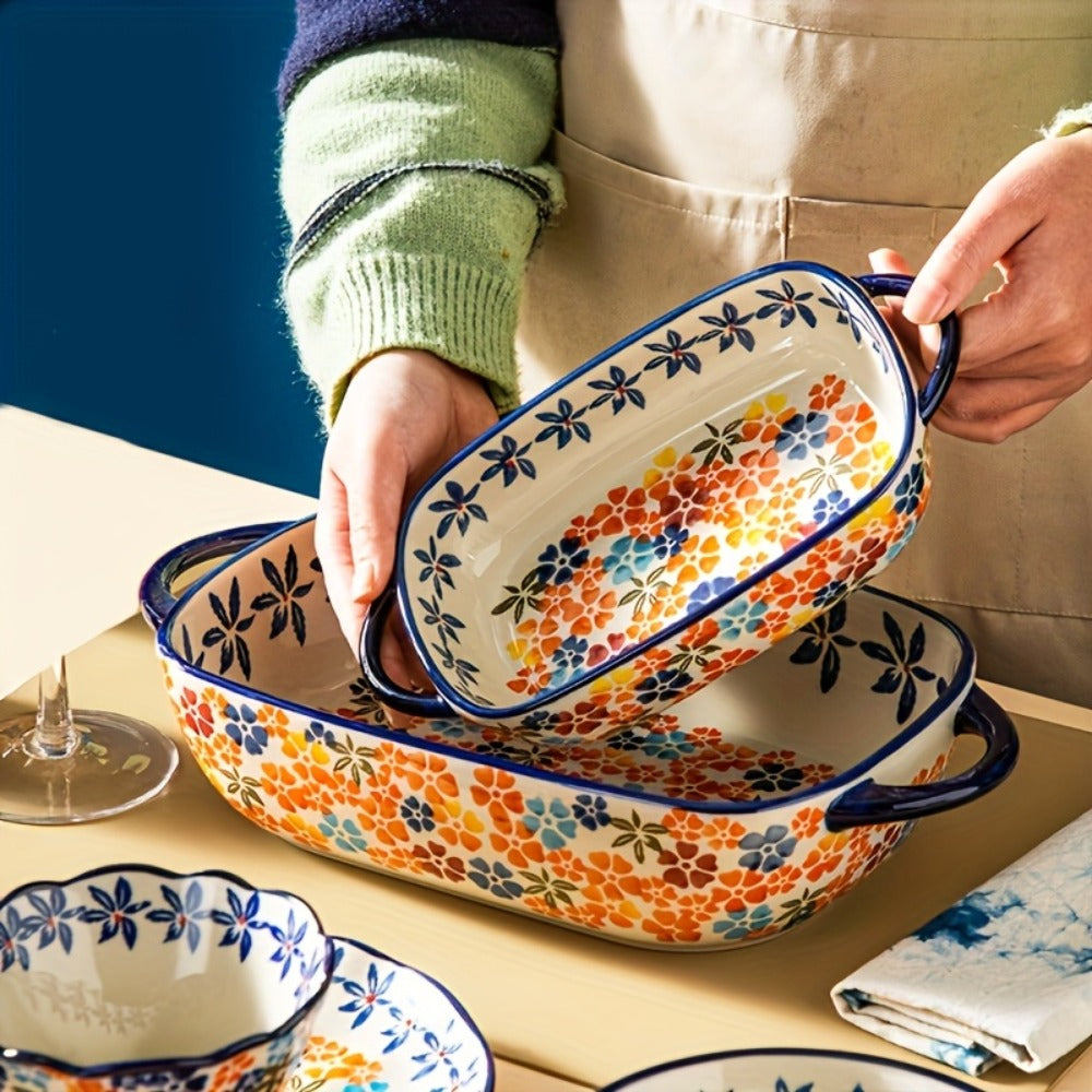 Ceramic Baking Dish Set of 2 Large 13 Inch Rectangular Casserole Dish Porcelain Bohemian Bakeware for Lasagna Roasting Casseroles Oven Safe Red Blue Yellow