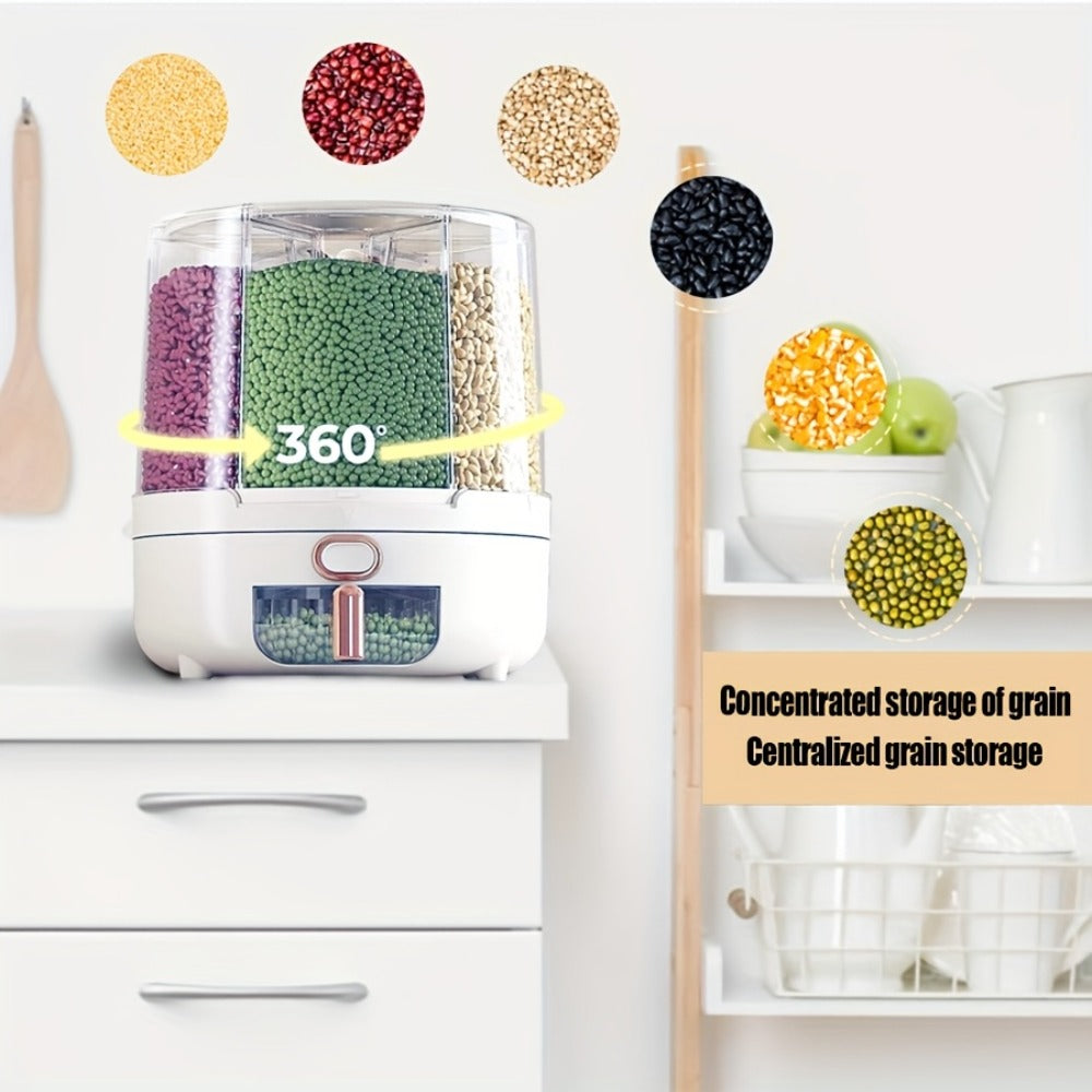 Rice Dispenser 360 Rotating 6 Compartment Grain Storage Container - Airtight Moisture Proof with Transparent Window, Food Grade PP, Large Capacity for Rice Cereal Flour and Pet Food, Medium 13lb or Large 22lb