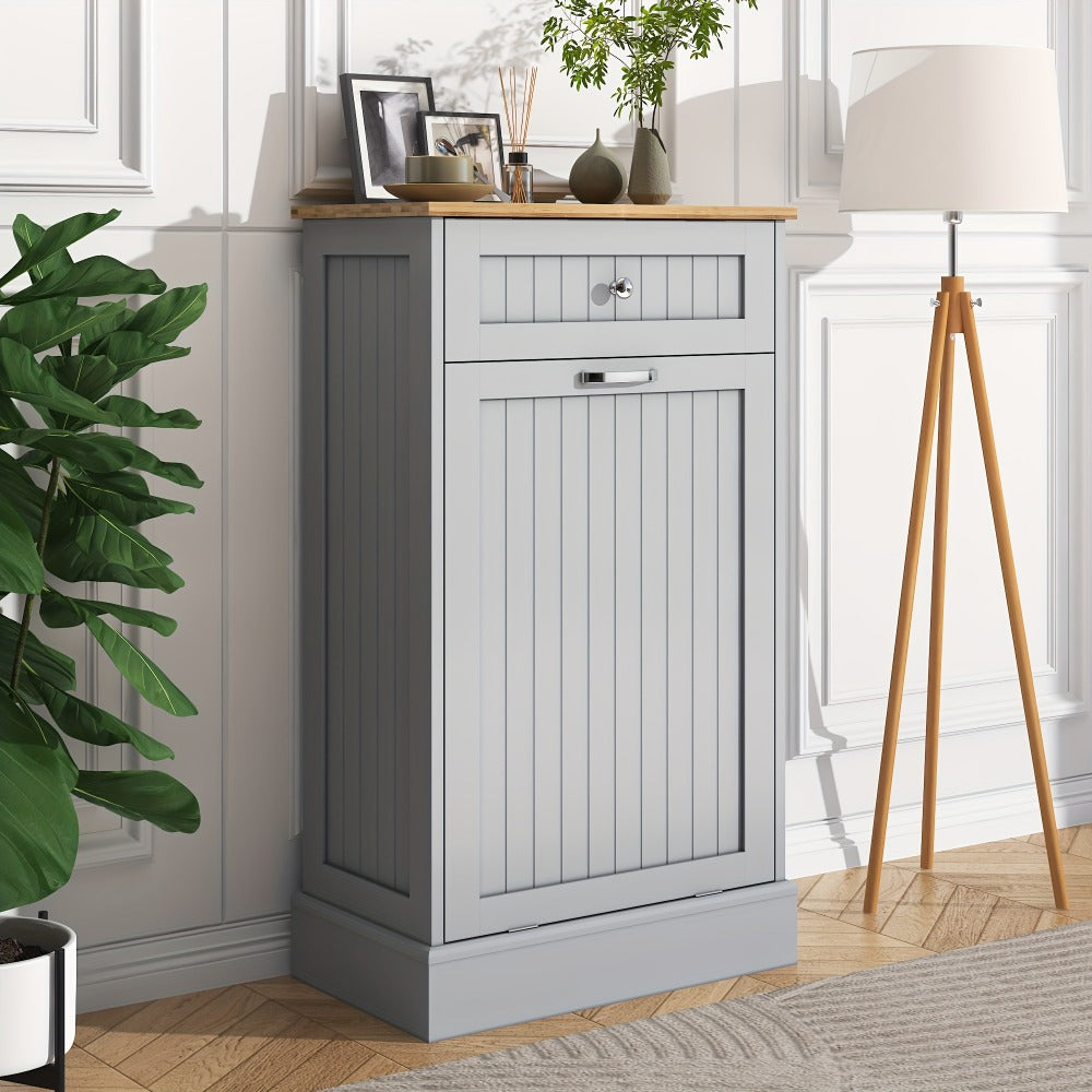 Tilt Out Trash Cabinet Freestanding Kitchen Garbage Cabinet with Cutting Board & Drawer ¨C Wood Hideaway Recycling Station, Fits 10 Gal, Black/White