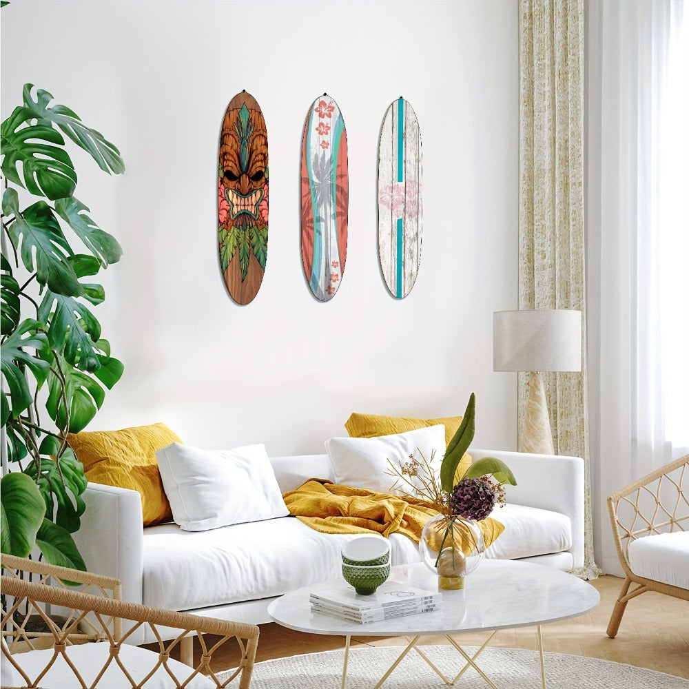 Wooden Surfboard Wall Art 15.74¡± ¨C Rustic Tropical Beach Decor with Hibiscus & Tiki Mask Design, Frameless Recycled Wood Wall Hanging for Hawaiian Bar, Home, Summer & Vacation Theme Decor
