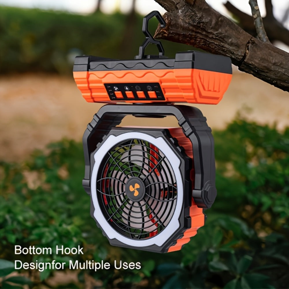 Portable Camping Fan with Dual Motors LED Light & Remote Control, Solar Powered Outdoor Fan with Hook for Tent Work Site Power Outage, Camping Accessories