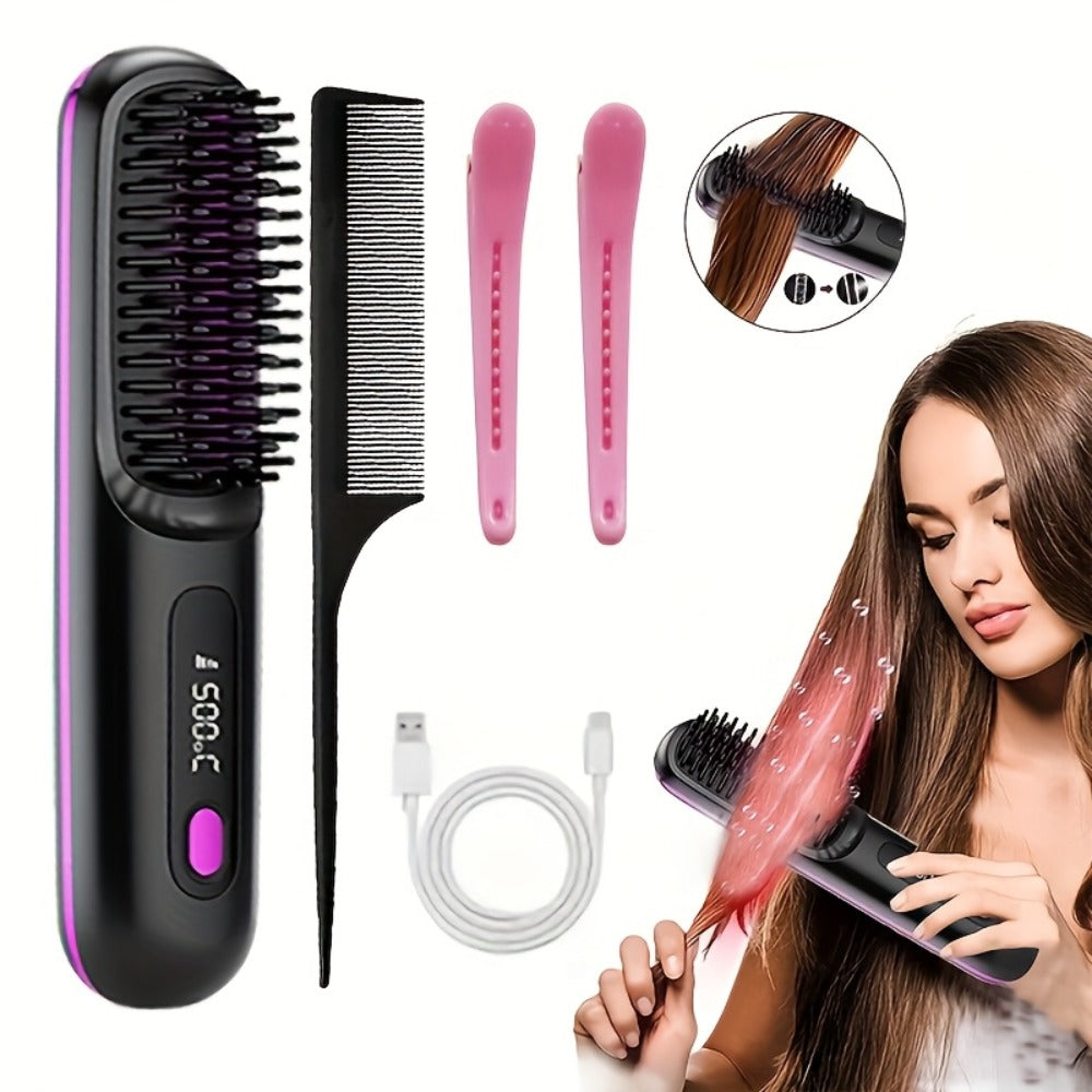 Portable Wireless Hair Straightener Comb USB Rechargeable 3-Speed Temp Control Negative Ion LED Display Lightweight for Travel