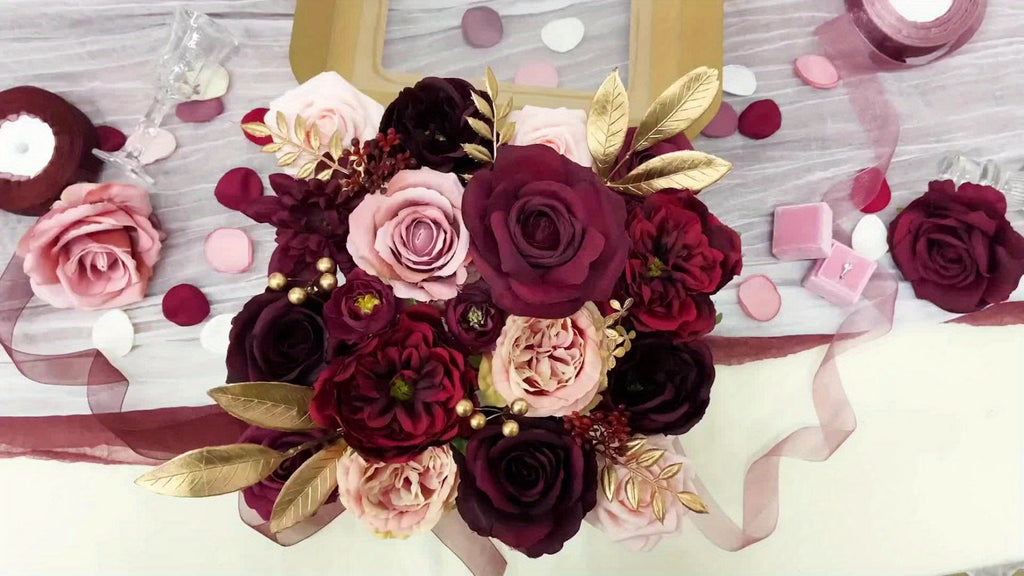 Artificial Rose Bouquet Wine Red, 12pcs Fake Plastic Roses for Wedding Centerpiece, Halloween Day of the Dead Altar Decor, Fall Winter Tabletop Flower Arrangement, No Battery Required