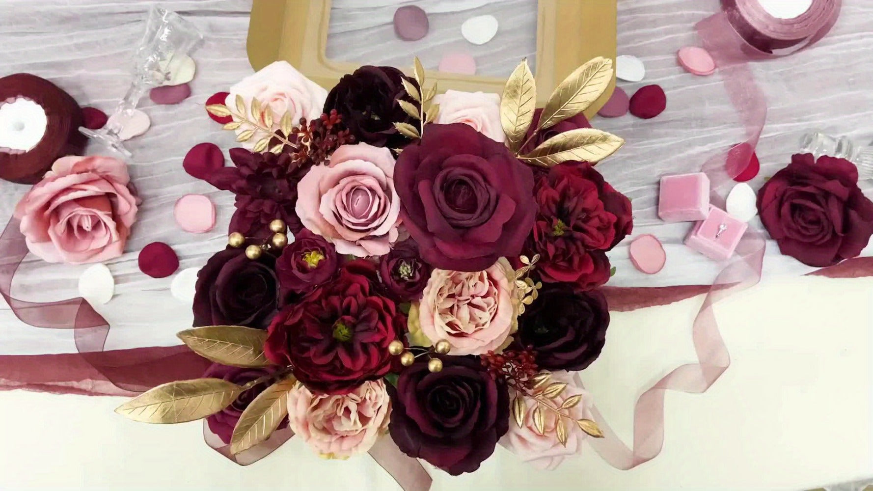 Artificial Rose Bouquet Wine Red, 12pcs Fake Plastic Roses for Wedding Centerpiece, Halloween Day of the Dead Altar Decor, Fall Winter Tabletop Flower Arrangement, No Battery Required