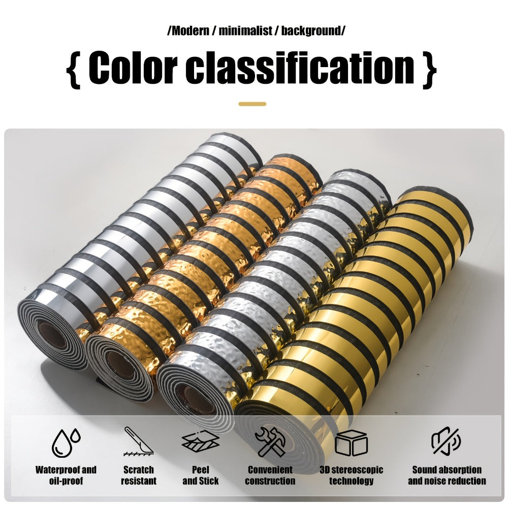 Luxury Mirror 3D Wallpaper Roll Self Adhesive Peel and Stick PVC Vinyl Film Grid Vertical Stripe Pattern for TV Wall Sofa Background Bedroom Living Room Decor Mirror Gold Silver Water Wave