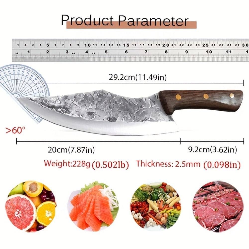 Chef Knife Set Stainless Steel, Professional Kitchen Knife Set with Boning Knife & Utility Knife, Viking BBQ Knife with Hammered Blade & Wood Handle, Multipurpose Cooking Knives for Meat Fish Vegetable