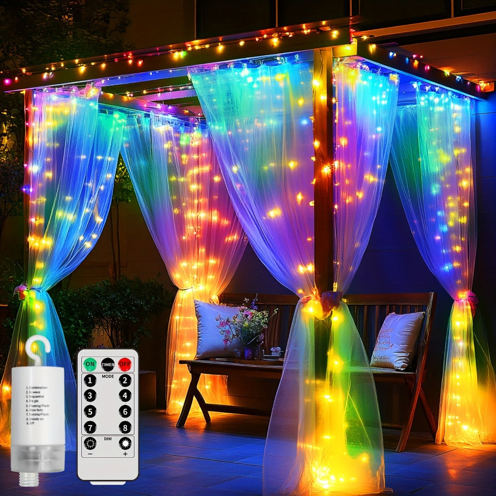 Curtain Lights for Gazebo Outdoor, 330 LED 10ft x 10ft Waterfall Fairy Lights Battery Operated with Remote, IP65 Waterproof Hanging String Lights with 8 Modes for Bedroom Porch Patio Wedding Decoration
