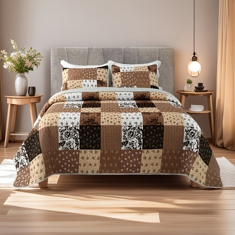 Patchwork Quilted Bedspread Set 3 Piece - 1 Quilt & 2 Pillow Shams Machine Washable All-Season Soft Breathable 100% Polyester Bedding Set for Bedroom Dorm, Twin Full Queen King