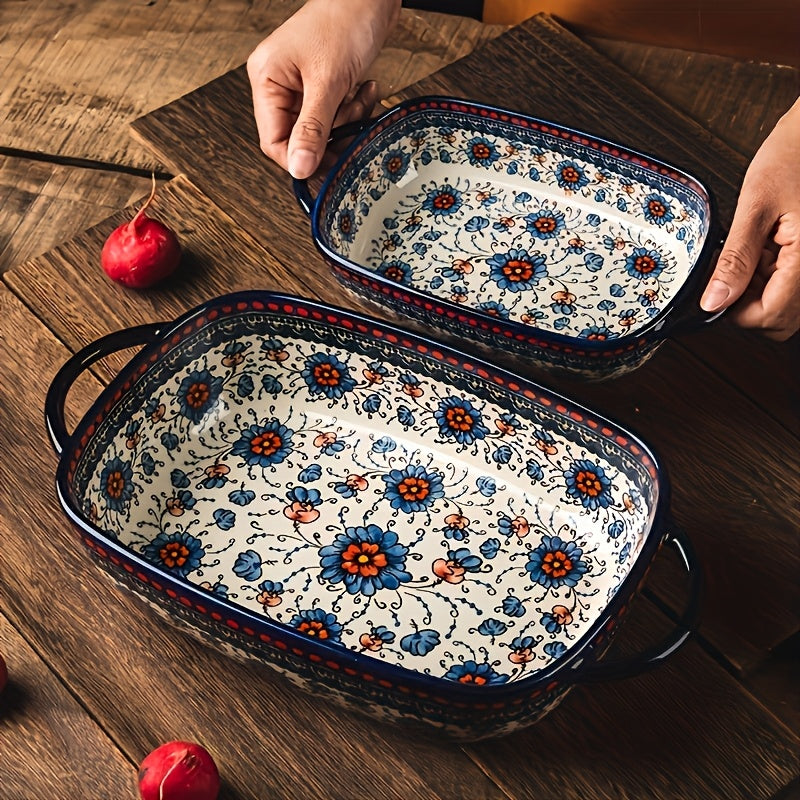 Ceramic Baking Dish Set of 2 Large 13 Inch Rectangular Casserole Dish Porcelain Bohemian Bakeware for Lasagna Roasting Casseroles Oven Safe Red Blue Yellow