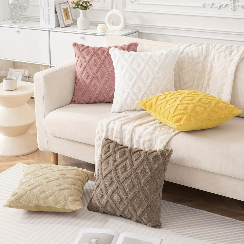 Luxury Faux Wool Pillow Covers 18x18 Set of 4 Boho Soft Plush Decorative Cushion Cases with Zipper for Couch Sofa Living Room - Heather Pink Navy Blue Yellow