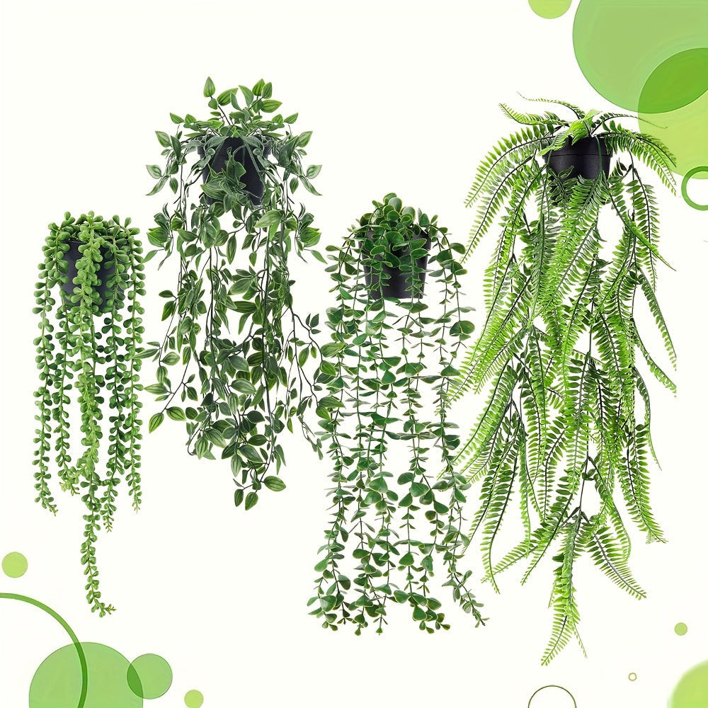 Artificial Hanging Plants 4 Pack ¨C Fake Trailing Vines for Indoor Outdoor Wall Shelf Room Decor, Realistic Faux Rose Greenery Hanging Basket Decoration