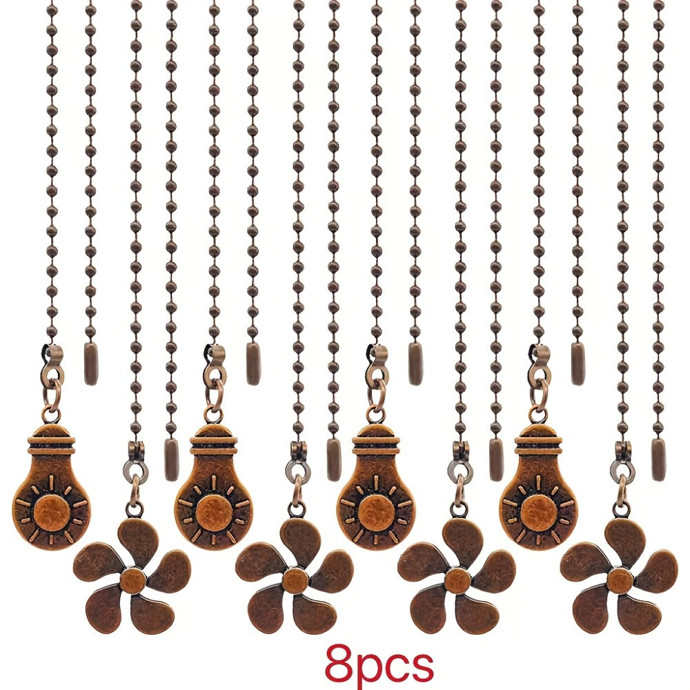 Ceiling Fan Pull Chain Extension Set of 8 - Decorative Bead Chain Pull Cord with Five-Leaf & Bulb Pendants, Iron Chain & Zinc Alloy, Bronze, Black, White, Red, Multi-Color, No Batteries Required
