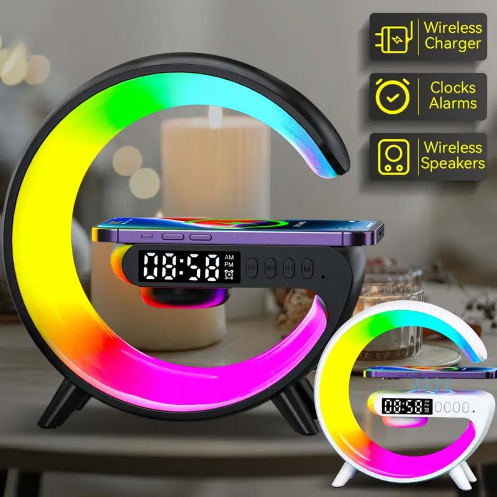 Wireless Charger with RGB Night Light ¨C 4-in-1 Bluetooth Speaker Alarm Clock Wake Up Light, 256 RGB Colors, Qi Fast Charging for iPhone Samsung, Bedside Nightstand Lamp