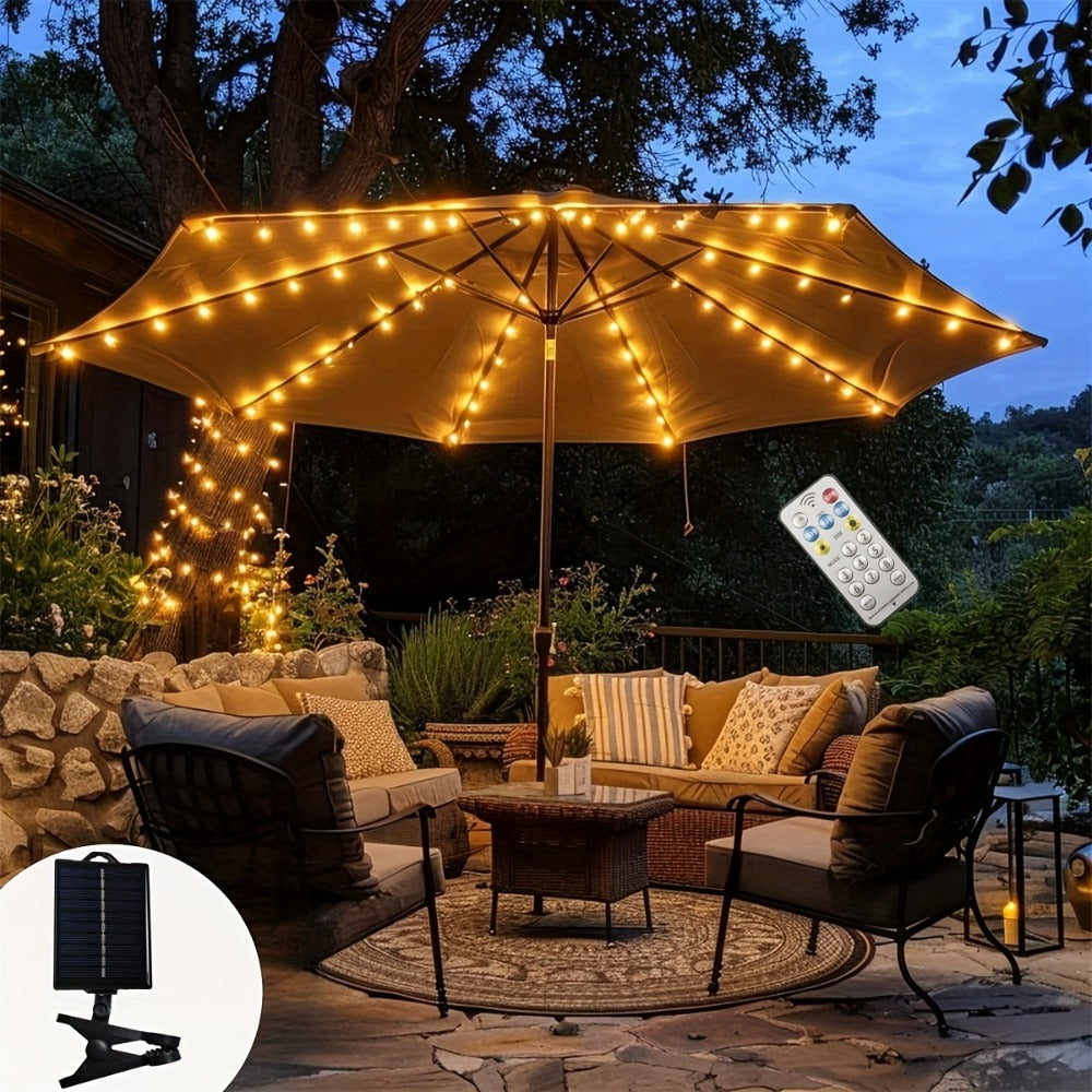 Solar Patio Umbrella Light 104 LED ¨C 8 Modes Remote Control Outdoor Market Umbrella Lamp | Solar Powered Warm White Light for Backyard, Deck, Poolside, Beach, Garden & Camping | Battery Included