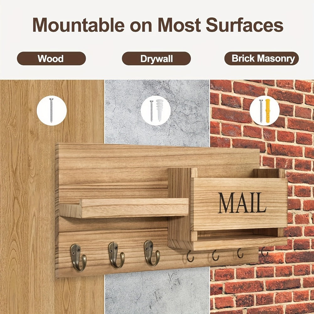 Wall Mounted Storage Rack with Mail Slot ¨C Rustic Wood Floating Shelf with Hooks for Keys, Hats & Envelopes, Decorative Organizer for Entryway, Porch, Bedroom, Bathroom & Living Room