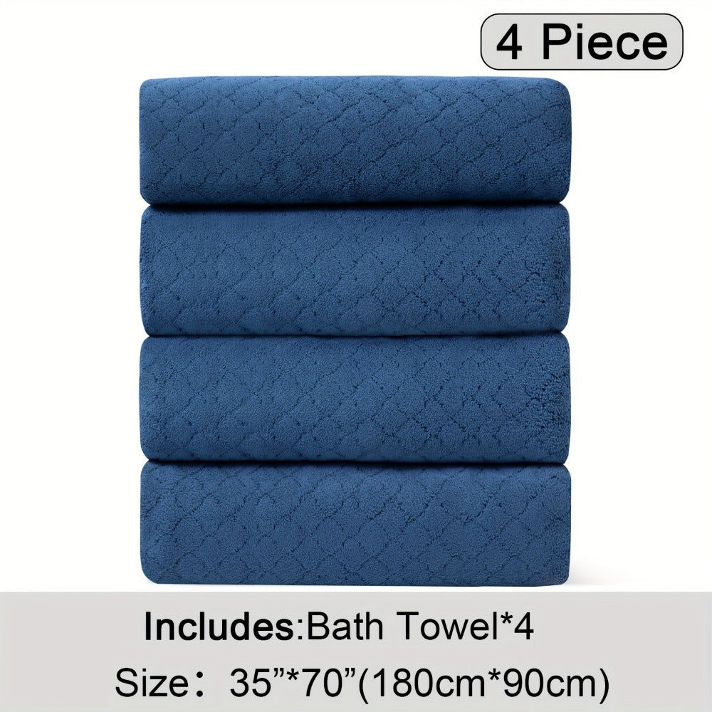 Oversized Bath Towel Set 4 Piece Diamond Pattern Microfiber - Ultra Soft Highly Absorbent Quick Dry | 10 Colors | Blue Green Black Gray Navy Orchid Brown Purple White Turquoise | Bathroom Hotel Gym Gift