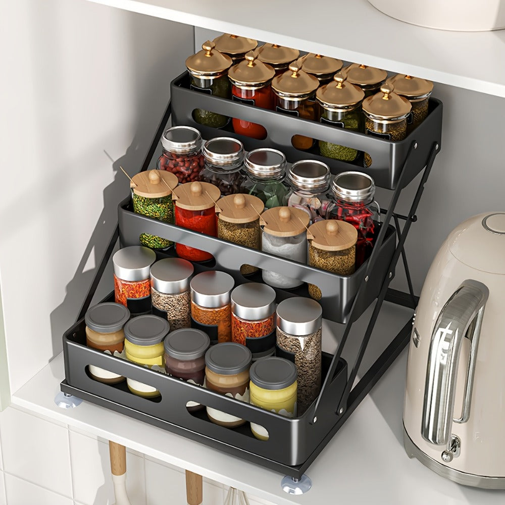 3-Tier Foldable Spice Rack Organizer with Safety Rails - Space-Saving Countertop & Cabinet Storage for Kitchen Pantry, Durable Metal Finish, Sturdy Construction