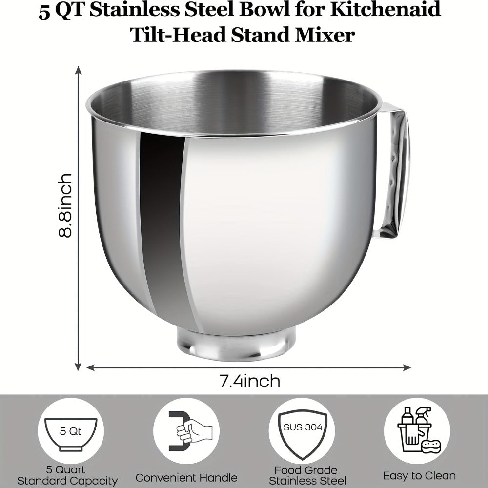 KitchenAid Compatible Stainless Steel Mixer Bowl 5 Quart, 304 Stainless Steel Stand Mixer Bowl with Ergonomic Handle & Spill-Resistant Lid, Oven Safe Replacement Bowl for KitchenAid 4.5-5 QT Tilt-Head