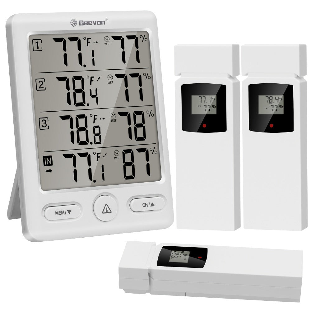 Indoor Outdoor Thermometer Wireless with 3 Remote Sensors - Digital Hygrometer Temperature Humidity Monitor, 200FT Range, Large Display, Backlight, Low Battery Alarm, High Accuracy, Black or White