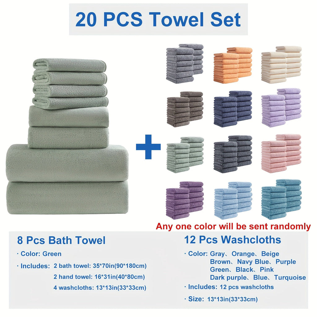 Bath Towel Set 20 Piece 100% Microfiber Absorbent Quick Dry Soft Extra Large Bath Sheets 8 Bath Towels 12 Washcloths Home Bathroom Spa Gift White Beige Gray Blue Green Purple