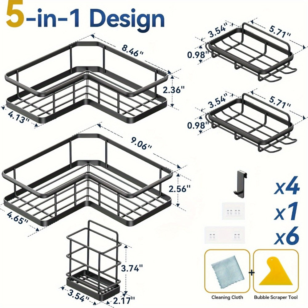 Corner Shower Caddy 5 Pack with Soap Holder & 4 Removable Hooks ¨C Rustproof No Drill Shower Shelf Organizer for Inside Shower