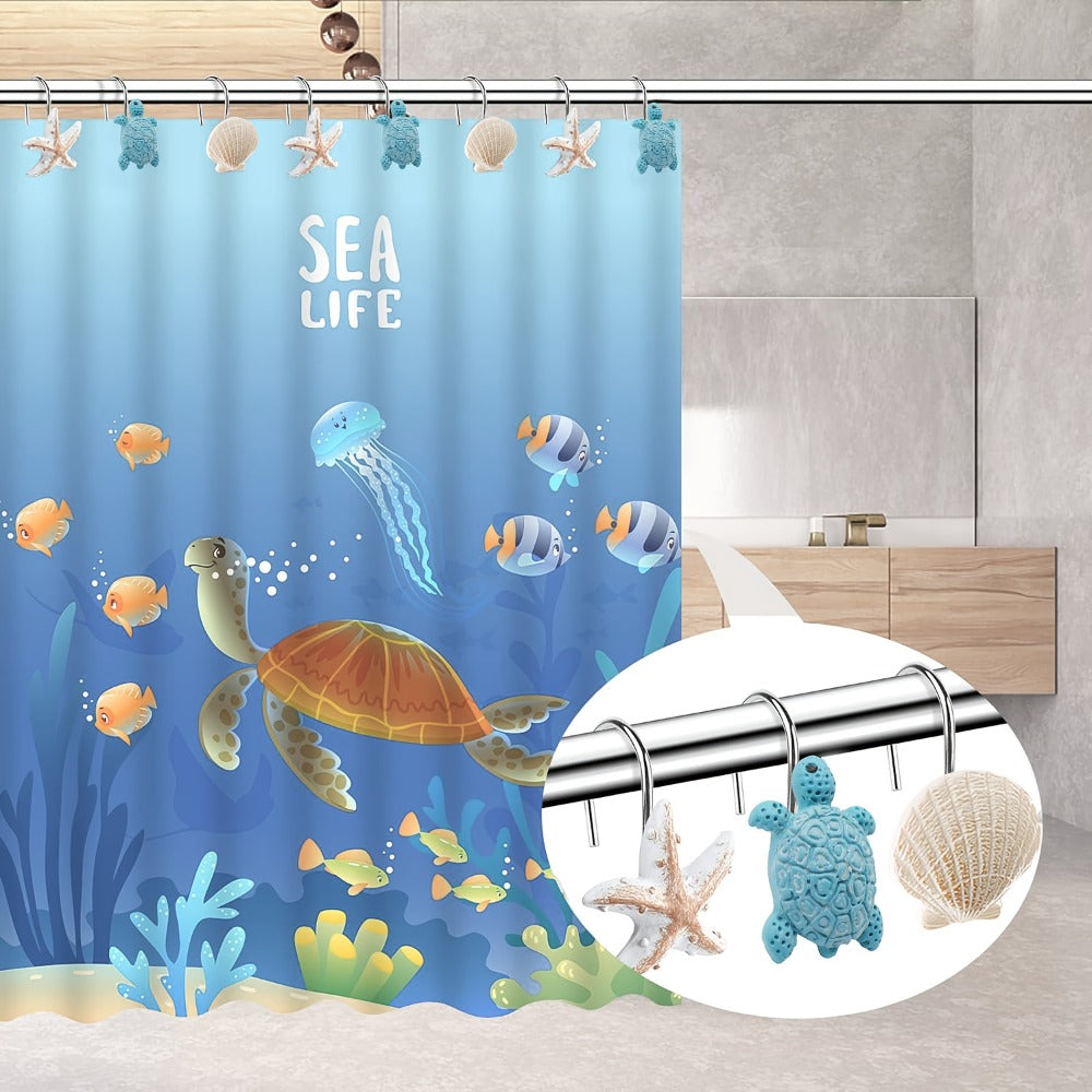 12pcs Resin Marine Shower Curtain Hooks ¨C Blue Turtle & Starfish Shell Decorative Bathroom Curtain Ring Hangers Home Decor Accessories