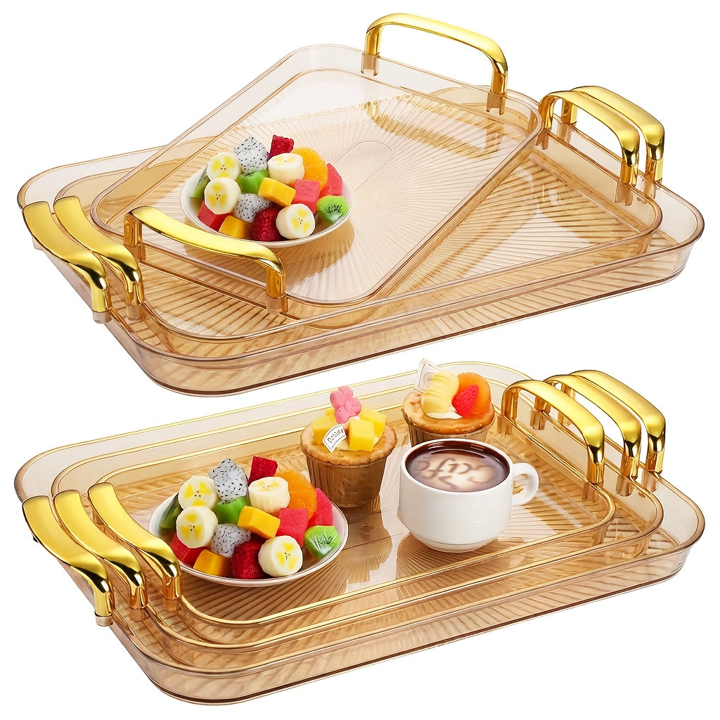 3-Piece Rectangular Serving Tray Set with Handles ¨C Plastic Food Trays for Parties, Dinners & Gatherings, 16.5/15/13.2 Inch Nested Trays for Turkey, Cake, Cheese, Fruit & Appetizers