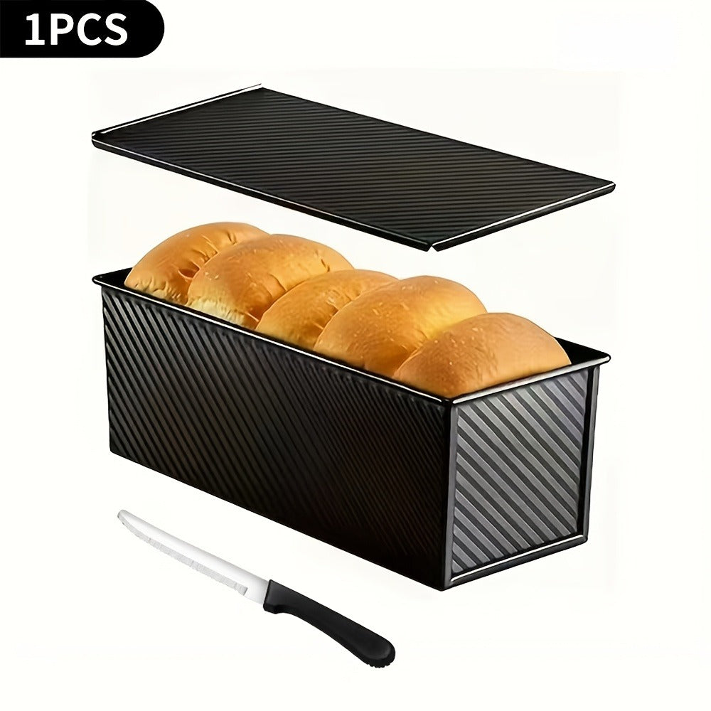 Pullman Loaf Pan with Lid, Extra Large 12.3x4.7x4.3 Inch Sandwich Bread Pan with Vent Holes, Nonstick Carbon Steel Toast Pan with Bread Knife, Square Loaf Pan for Sandwich Bread, Black or Gold