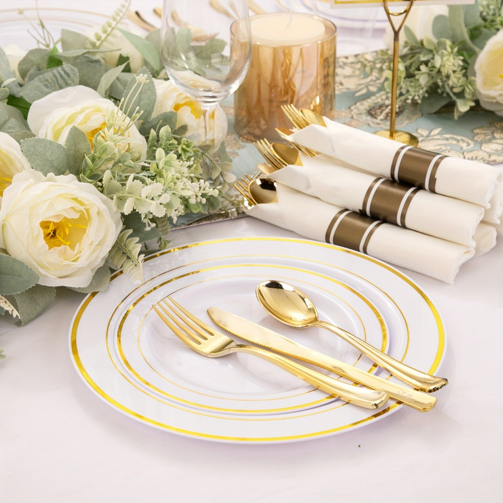 Gold Plastic Plates Disposable Dinnerware Set 350pcs ¨C 50 Dinner Plates, 50 Dessert Plates, 50 Gold Rim 9oz Cups & 50 Gold Cutlery Sets | Elegant Party Tableware for Wedding, Birthday & Holiday Events
