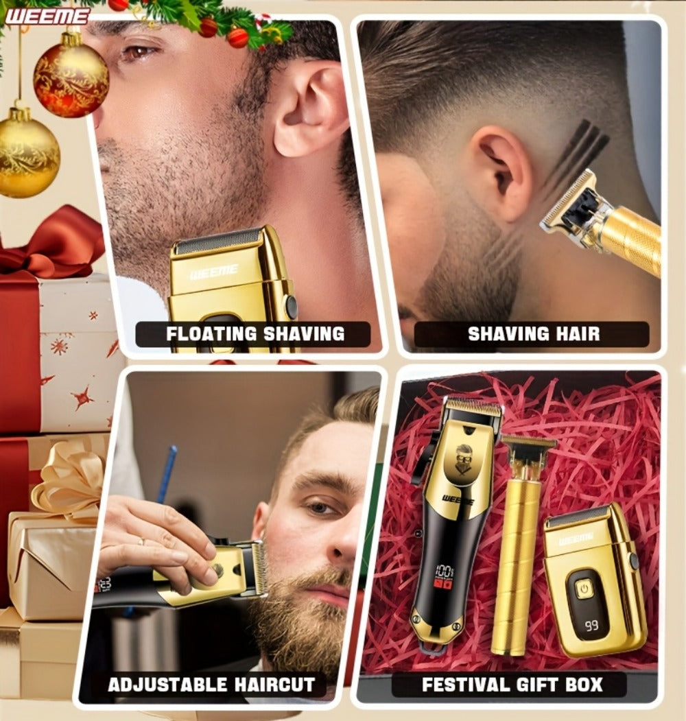 Professional Hair Clipper Set for Men ¨C 3pcs Golden Cordless Kit with Beard Trimmer & T-Blade Trimmer, Hair Cutting & Styling Tools, Ideal Birthday & Father¡¯s Day Gift for Men