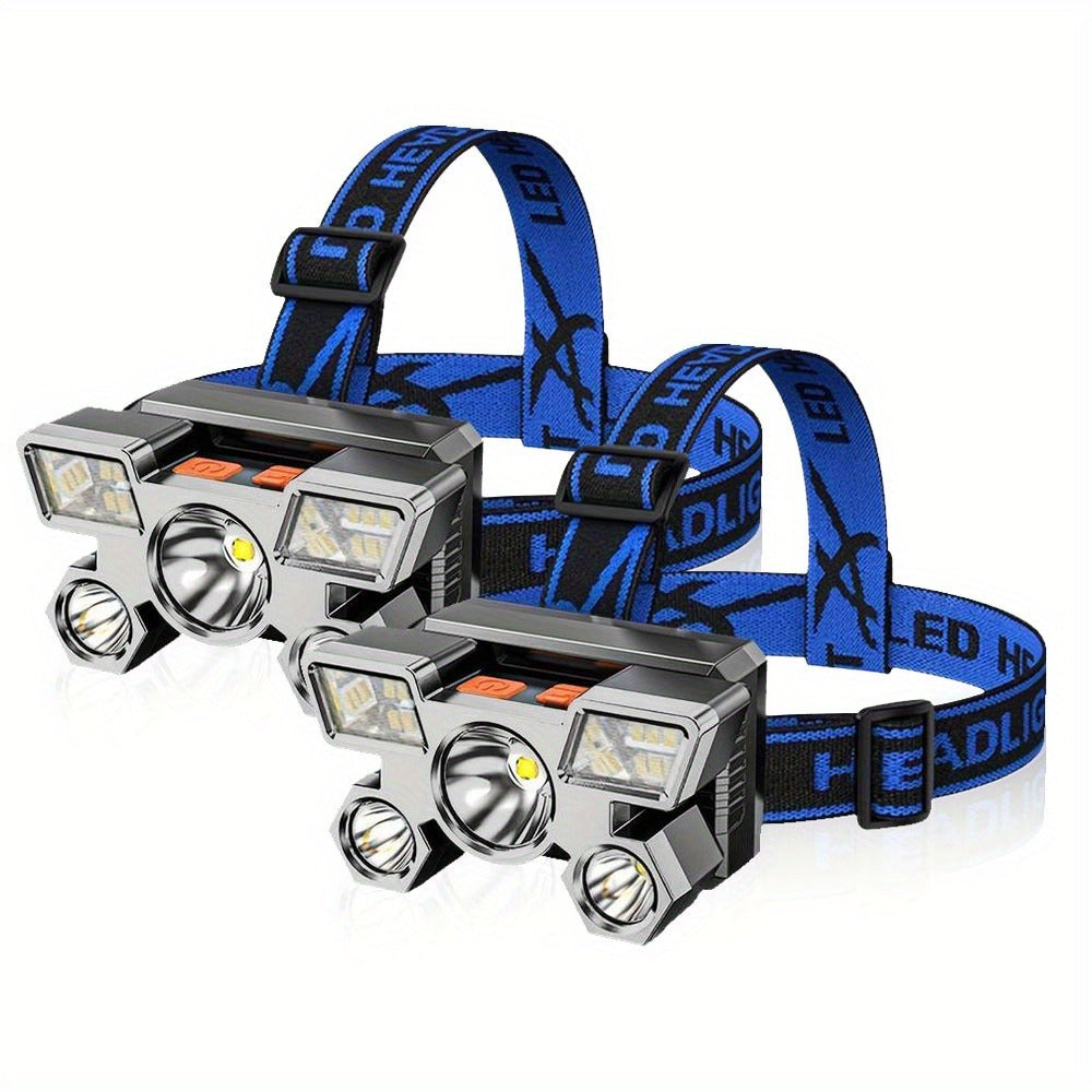 LED Headlamp 2 Pack USB Rechargeable IP44 Waterproof | 5 LED Multi-Mode Head Flashlight | Hands-Free Light for Camping Running Fishing Hiking Outdoor Adventures