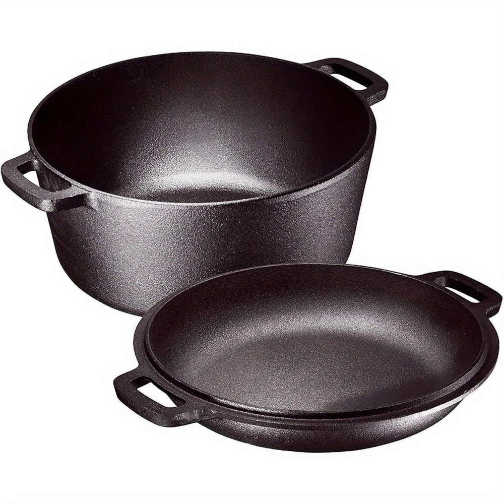 Cast Iron Dutch Oven 5 Quart Pre-Seasoned with Skillet Lid | 2-in-1 Non-Stick Crock Pot with Handles for Braising, Roasting & Casserole ¨C All-in-One Cookware, Black