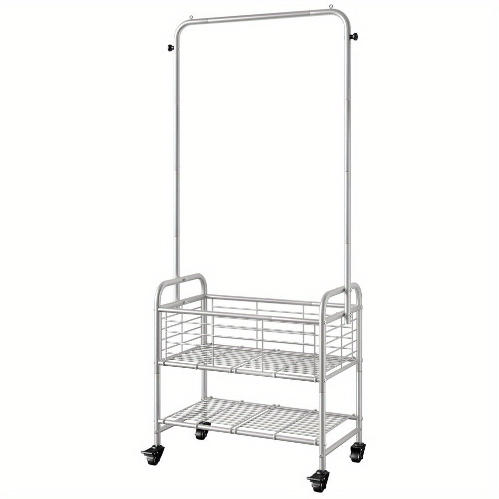 Rolling Laundry Basket with Wheels and Hanging Rack, Laundry Sorter Cart with Shelf and Locking Casters, Heavy Duty Steel Frame, Multifunctional Clothes Hamper for Laundry Room Bedroom Bathroom, White Black Silver